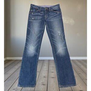GAP 1969 Easy Straight Distressed Patchwork Blue Jeans Womens Size 26 Mid Rise